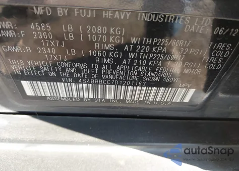 2013 Subaru Outback 2.5I Premium z USA, uszkodzony, nr VIN 4S4BRBCC7D1201163